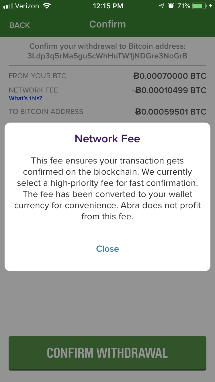 Sending RBF Transaction - Network fee notice details.
