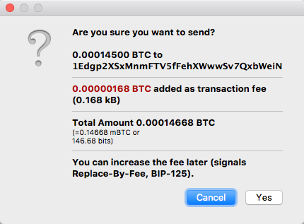 Sending RBF Transaction - Warning prompt for low fee. Includes RBF note at the bottom when RBF enabled
