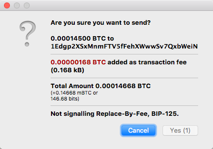 Sending RBF Transaction - Warning prompt for low fee. Includes RBF note at the bottom when RBF disabled
