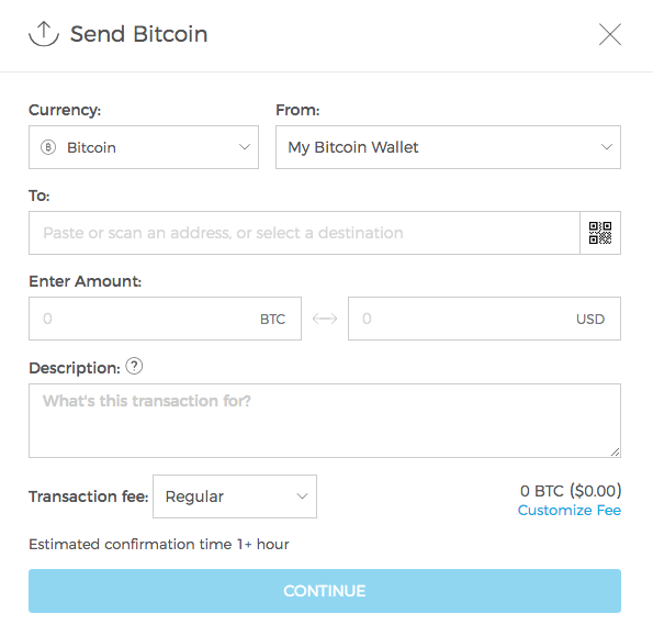 Sending RBF Transaction - Default send transaction screen. No RBF option.
