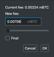 Bumping RBF Enabled Transaction - Dialog for inputting bumped fee
