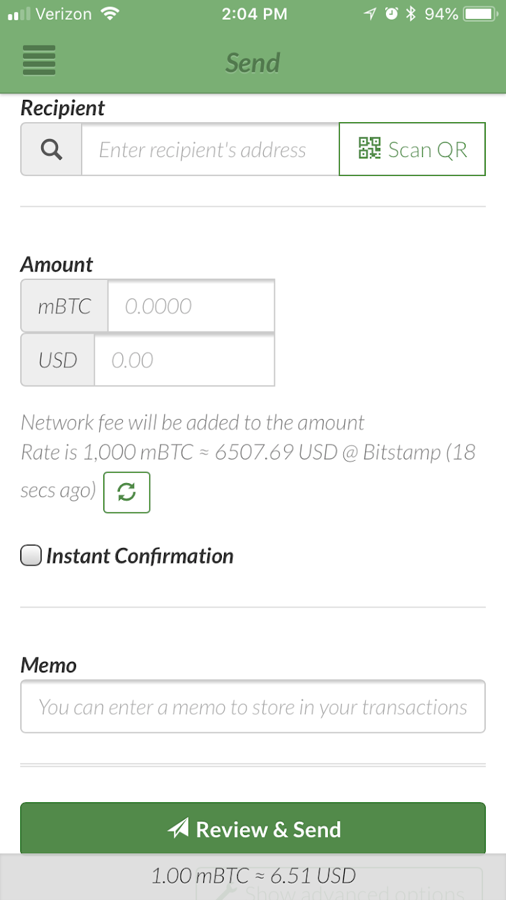 Sending RBF Transaction - Default Send transaction screen
