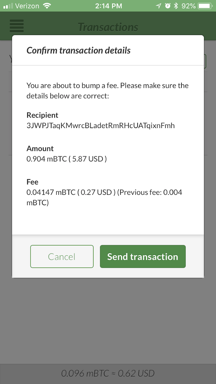 Bumping RBF Enabled Transaction - Bump transaction details confirmation. Notes “Previous fee:” field as well as language about bumping.
