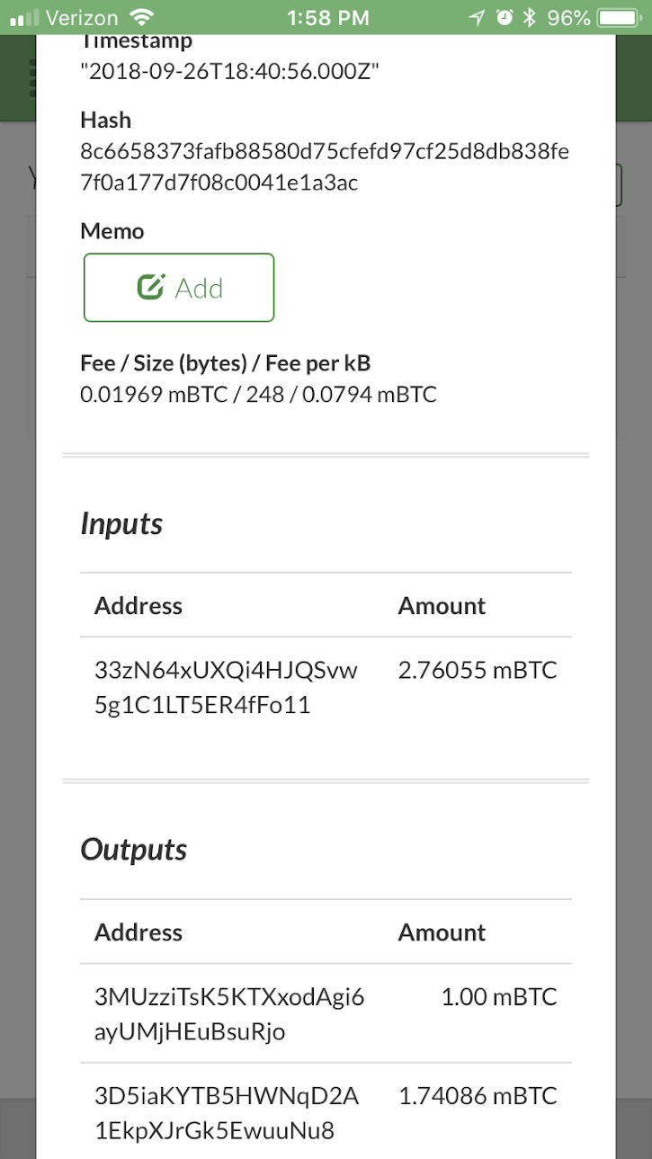 Receiving Bumped RBF Transaction - Transaction details for confirmed, bumped transaction. No note of double spend or RBF. “double spend by txhash” field disappears.
