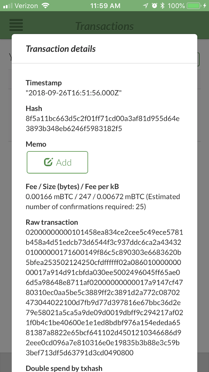 Receiving Bumped RBF Transaction - Transaction details for original transaction. No RBF note or double spend note. Does show “double spend by txhash” field which points to new, bumped, transaction
