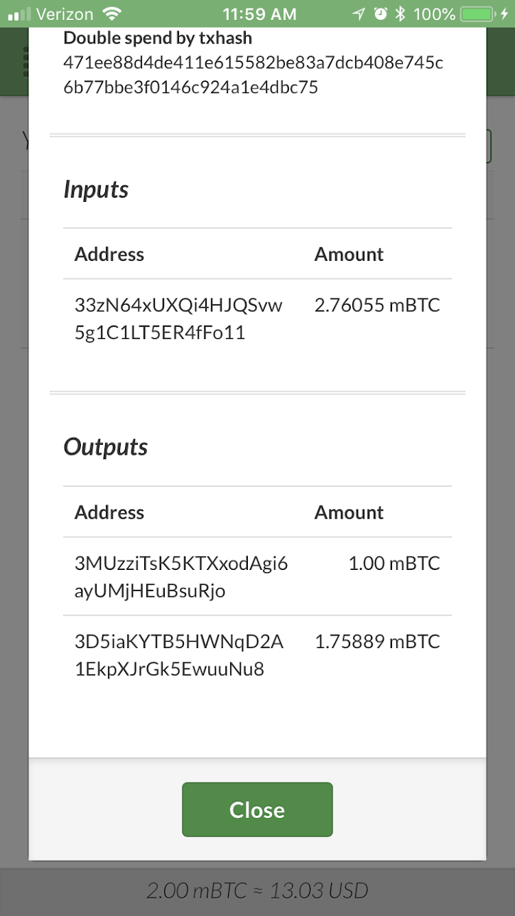 Receiving Bumped RBF Transaction - Transaction details for original transaction. No RBF note or double spend note. Does show “double spend by txhash” field which points to new, bumped, transaction
