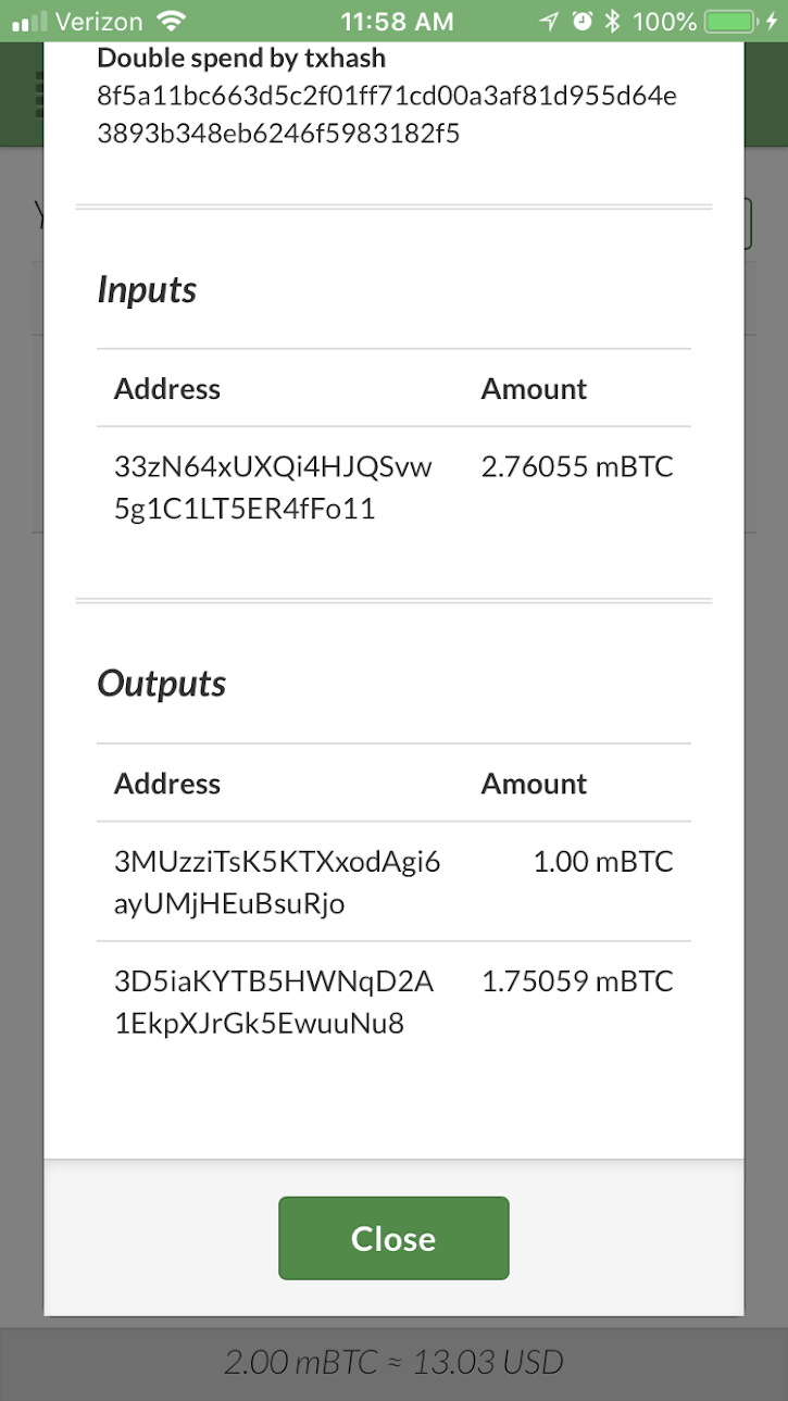 Receiving Bumped RBF Transaction - Transaction details for bumped transaction. No RBF note or double spend note. Does show “double spend by txhash” field which points to original transaction
