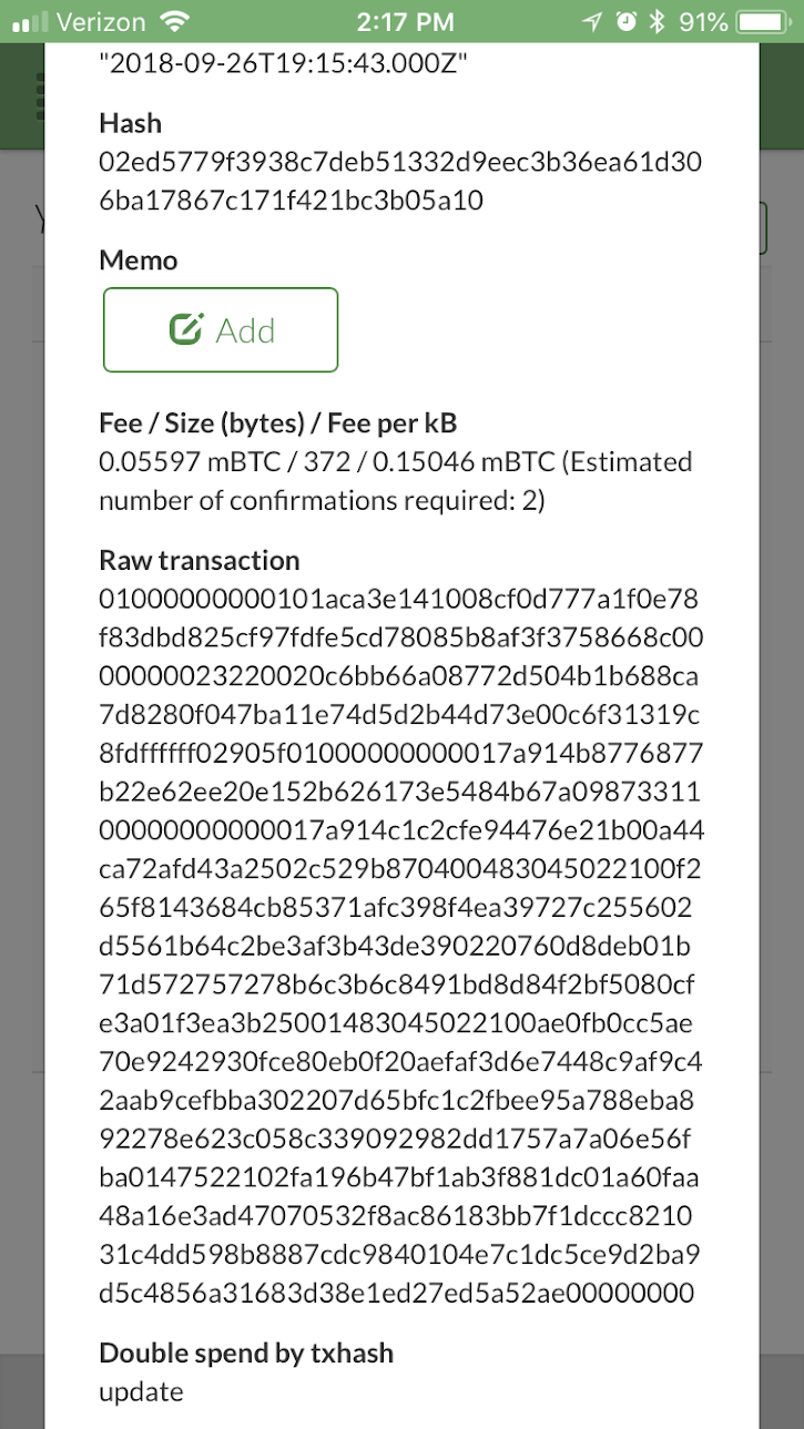 Bumping RBF Enabled Transaction - Replacement “bumped” transaction. “Double spend by txhash” field has “update” value.
