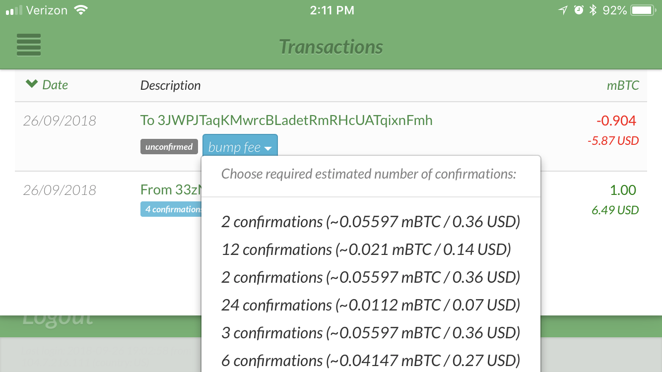 Bumping RBF Enabled Transaction - Bump fee context menu options.
