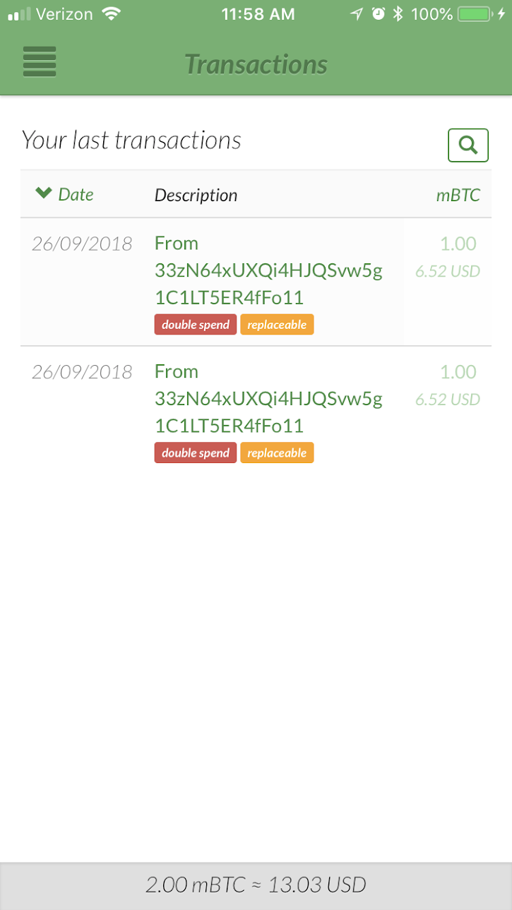 Receiving Bumped RBF Transaction - Transaction List Screen. Notes RBF(“replaceable”) transaction as well as double spend transaction. The bumped transaction also shows up as separate.
