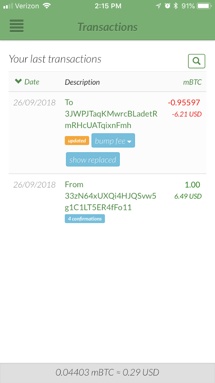 Bumping RBF Enabled Transaction - Transaction list with bumped transaction on top. Bump fee available again. Show replaced transaction button shows as well.
