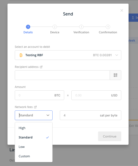 Sending RBF Transaction - Send transaction screen does not allow for RBF. Fee options are available. No RBF options in settings.
