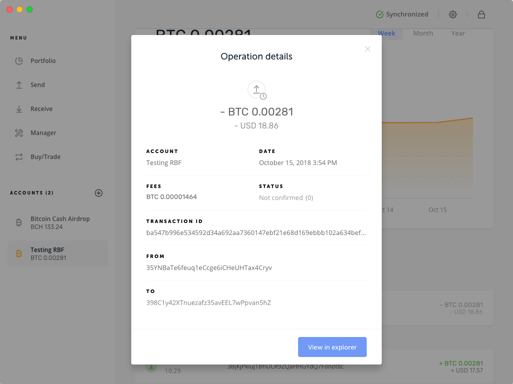 Bumping RBF Enabled Transaction - Transaction details screen. No RBF fee bumping supported.
