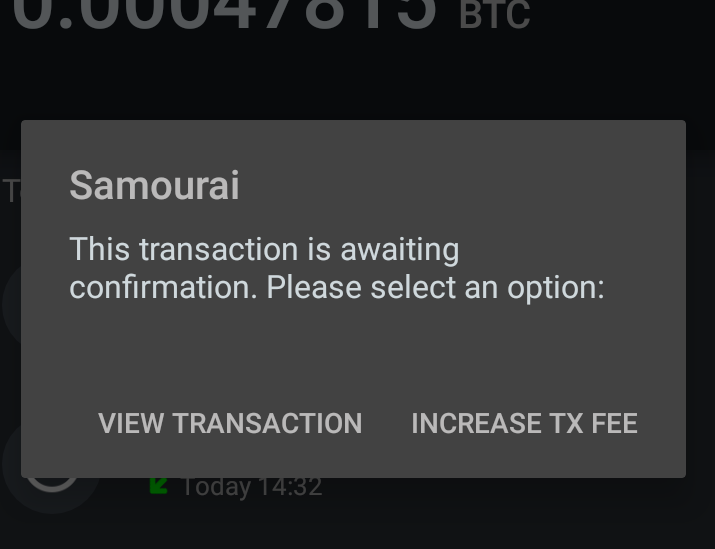 Bumping RBF Enabled Transaction - Transaction details for RBF enabled transaction with Increase TX Fee option. Interesting note here - If there are no additional funds to pay for the bump, Samourai just fails silently here with no message and takes the user back to the transaction list screen.
