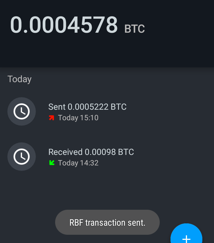 Sending RBF Transaction - Send RBF bumped transaction replaces original RBF enabled transaction. No flag. Confirmation message does say “RBF transaction sent”
