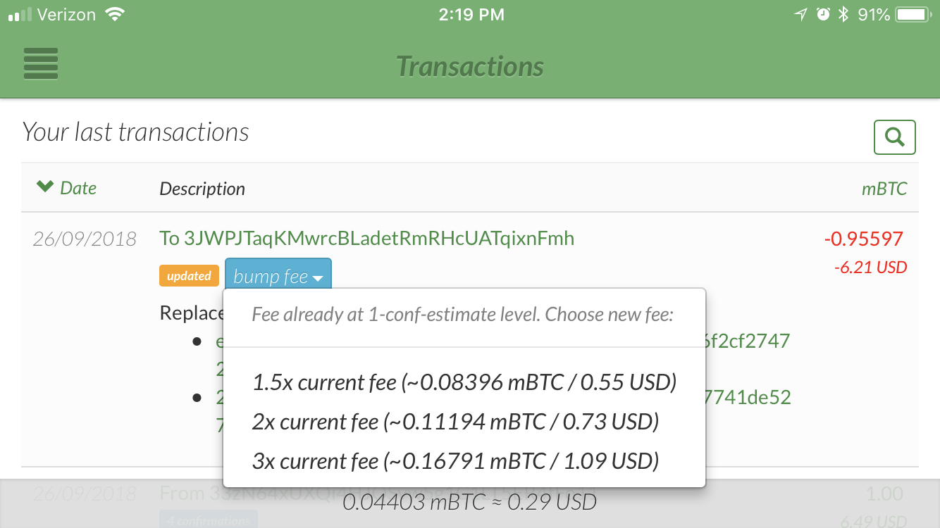 GreenAddress wallet shows a bump fee dropdown with fee options
screenshot