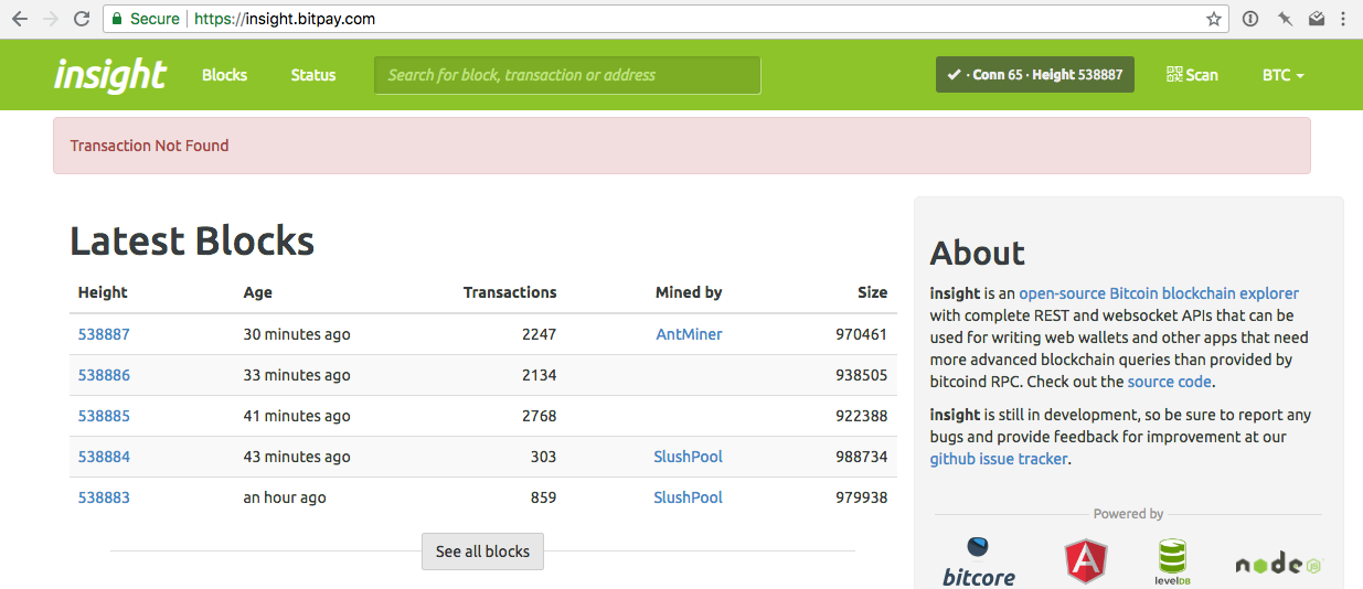 Bitpay's Insight explorer showing error message for unconfirmed RBF
transaction
screenshot